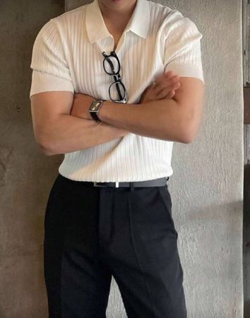 بولو رجالي أساسي بياقة وأكمام قصيرة، محبوك بالريب، طراز 