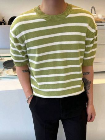 DAZY لباس علوي محبوك نمط مخطط منخفض الاكتاف للرجال