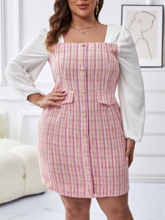 فستان SHEIN Clasi Plus من التويد بياقة مربعة وأكمام فانوس ونقشة مربعات