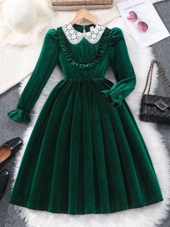 فستان فتاة المراهقة مرصع بالتطريز على الياقة المخملية، تصميم أنيق لحفلات الموضة، ياقة بألوان متباينة، خريف/شتاء