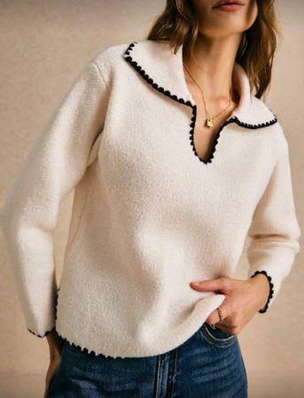 Poéselle محاكية العظم الأسود على الضلوع بفشار أبيض، كنزة صوفية نسائية ذات أكمام طويلة بتباين الألوان الأبيض والأسود، ملابس نسائية خريفية، كنزة صوفية خريفية، ملابس نسائية شتوية، ملابس علوية ملابس خروج، ملابس كاجوال، ملابس معلمة، قماش مريح ودافئ، كاجوال وشامل، ملابس نسائية قديمة الطراز، مناسبة للشارع اليومي، التنقل، المنزل وغيرها من المناسبات