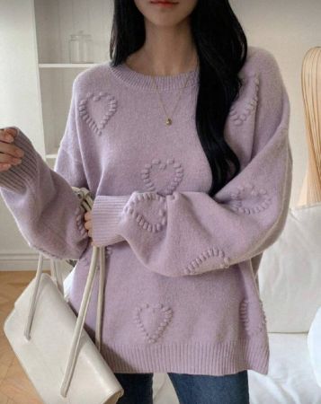 DAZY كنزة صوفية نسائية فضفاضة بياقة مستديرة وأكمام طويلة مطرزة بنقشة قلب، بلوزة أكمام طويلة، ملابس نسائية للخريف