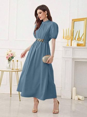 Modelyn فستان بحزام وقوف الياقة اكمام منتفخة