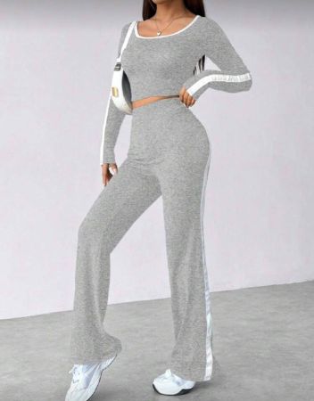 Flirla مجموعة كاجوال للنساء بياقة دائرية مع أكمام طويلة وسروال مع حواف بلونين مختلفين