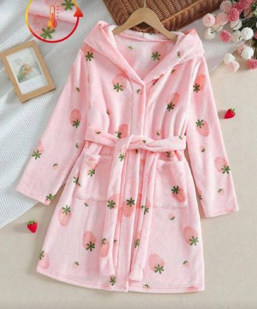 رداء طويل وقبعة مطبوع بنمط الفراولة بأكمام طويلة للفتيات المراهقات، ملابس نوم دافئة