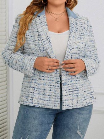 SHEIN Clasi جاكيت نمط مربع النقش صف ازرار احادية مقاس كبير