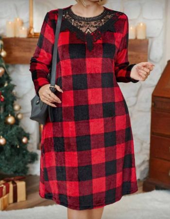 فستان ميدي للنساء كبيرات الحجم بأكمام طويلة وطراز شيكاغو للأعياد المطرز بالدانتيل المتباين، ملابس خريف وشتاء