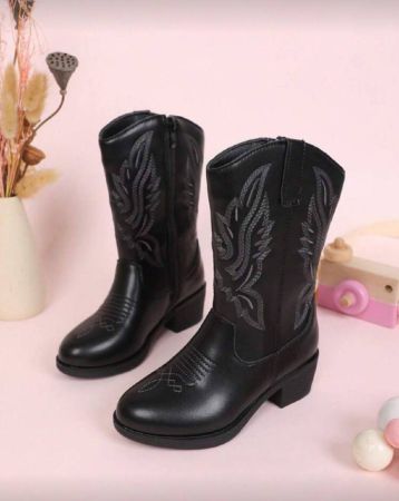 أطفال جزمة برقبة طويلة للبنات , كاوبوي الغربية أسلوب مطرز زهور حذاء كعب عالي , منتصف الساق طول مع اصبع مدبب و سحاب جانبي