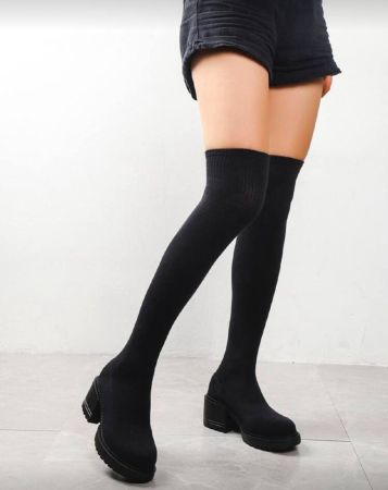بوت جوارب مرتفعة على الركبة بطراز محبوك أنيق للنساء، بنعل سميك وكعب سميك، بوت جوارب مرنة باللون الأسود