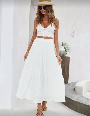 Breezaya تنورة ماكسي ذات خصر عالي مزينة بحافة مموجة وكشكشة للنساء، ملابس شاطئ وعطلة للنساء في فصل الخريف