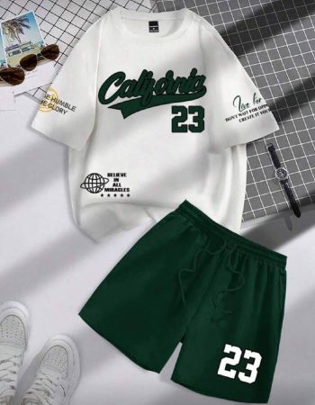 Manfinity Hypemode طقم تي شيرت قصيرة كاجوال بطباعة حرفية و شورت بخصر رباط، 2 قطعة