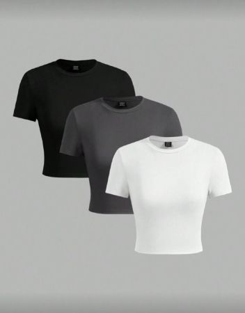 SHEIN EZwear 3 قطع/طقم تيشيرت نسائي منسدل قصير الأكمام وملائم للحريرة بتصميم بسيط من اللون الأسود/الأبيض/الرمادي للصيف