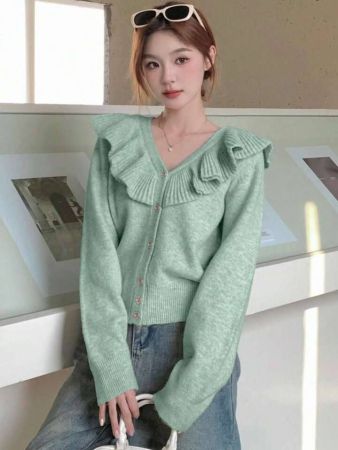 كارديجان محبوك بفتحة رقبة مكشكشة للنساء من DAZY، خريفي