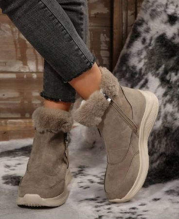 بوت ثلج ناعمة ومريحة للنساء، ذات أصابع مستديرة وأربطة، مانعة للانزلاق وذات كعب منخفض، بوت شتوية بني داكن عصرية دافئة مبطنة بالفرو، بوت فرو