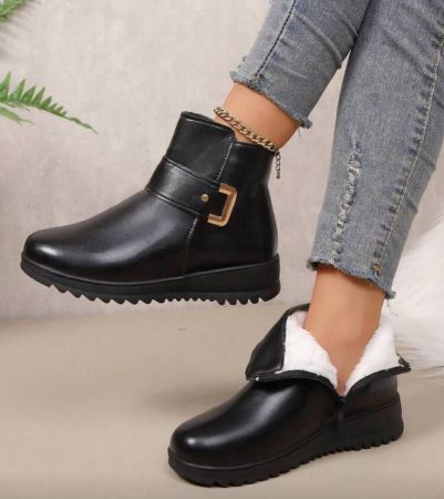 بوت أنيقة للأمهات بمقاسات كبيرة، بوت كاحل دافئة ومريحة ومانعة للانزلاق للنساء في الشتاء - بطانة دافئة، قاعدة مانعة للانزلاق، إغلاق سحاب جانبي، رأس مستدير، كعب مسطح، خارج اصطناعي أسود، مناسبة للمتوسطة العمر والكبار في السن، بوت شتوية، بطانة قماشية داخلية