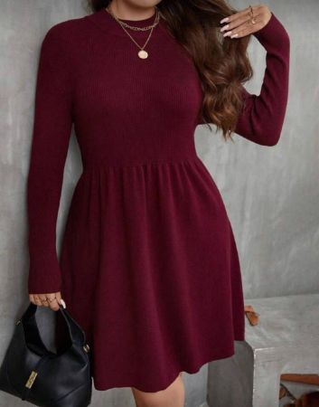 SHEIN LUNE فستان كنزة بياقة مضلعة ذو لون أحادي للخصر، مناسب للاستخدام اليومي والمناسب للحجم الكبير، موسم الخريف/الشتاء، لمناسبة