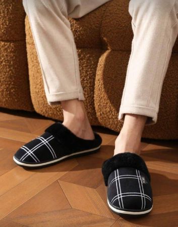 Pmoiste الأحذية الشتوية المبطنة بالفرو للرجال، بطبعة منقوشة ، بطانة من رغوة الذاكرة ناعمة ومانعة للانزلاق، أحذية غرفة نوم موضة مريحة ودافئة للذكور