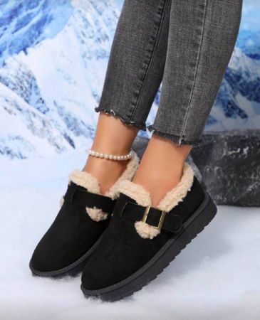 بوت ثلج قصيرة مبطنة بفرو دافئة للنساء، مع إغلاق بإبزيم دفع واحد، موضة دافئة 2025