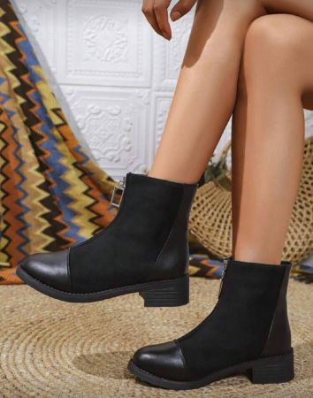 بوت بوت نسائية سميكة الكعب، بطانة حرارية دافئة، سحاب أمامي، كعب مربع، بوت تشيلسي أنيقة للخريف/الشتاء