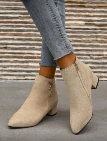 بوت كاحل نسائية ذات كعب سميك عالي مدبب الأصبع، لون أحادي، مصنوعة من خارج ناعم، سحاب جانبي، مناسبة للخريف/الشتاء، بوت للنساء