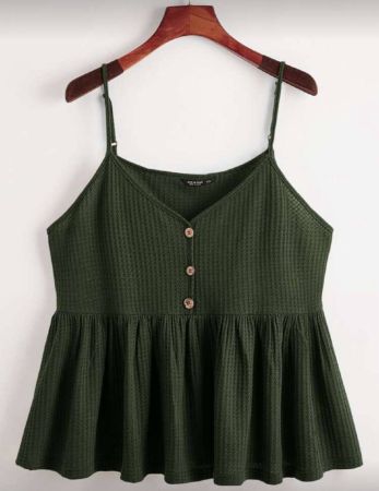 SHEIN EZwear الكامي توب ذو رقعة قطيفة مزينة بكشكشة القطيفة الشبكية الكبيرة الحجم