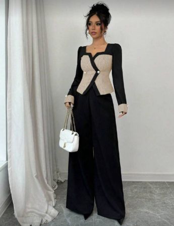 Elenzga مجموعة من السترة ذات الجزء الأمامي المفتوح والألوان المتباينة وبنطلون أرجل واسعة من اللون الأحادي للنساء