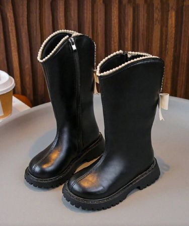 بوت بوت طويلة سميكة الأربطة للبنات، بوت أطفال جديدة للخريف والشتاء، بوت أطفال، بوت بوت طويلة للبنات مع وشاح أنيق، بوت بوت جلدية للدراجات النارية والشارع