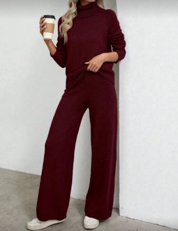 EMERY ROSE 2 قطعة من ملابس النساء الكاجوال طقم كنزة صوفية عنق عالي ذات لون واحد وبنطال محبوك، خريفية/شتوية، ملابس رمضان