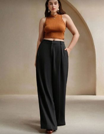 Anewsta بنطلون سيدات أنيق ذو ساق مستقيمة للمكتب والاستخدام اليومي، مقاس كبير، باللون الأسود'