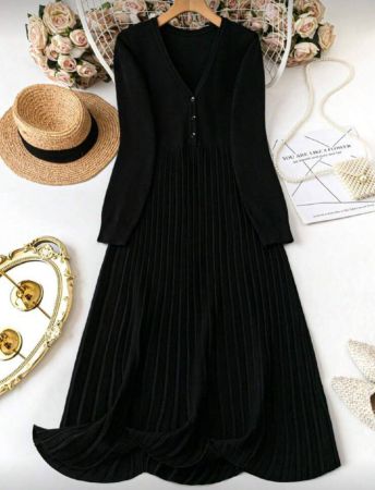 SHEIN LUNE فستان كنزة صوفية أساسي بأكمام طويلة وأزرار أمامية، لون واحد، مبتكر، للاستخدام اليومي ، للفصل الشتوي، مقاسات كبيرة