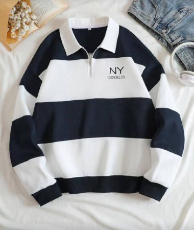 INAWLY بلوزة رياضية بأكمام طويلة مع قفل ربع الطول وخطوط ملونة ومطبوعة على شكل أحرف، كتف منسدل