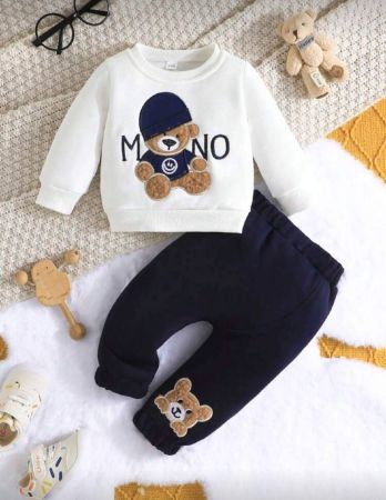 مجموعة ملابس علوية كم طويل وبنطال طويل لون أساسي بتصميم الدب الكرتوني للأولاد الرضع، خريف/شتاء، قطعتان
