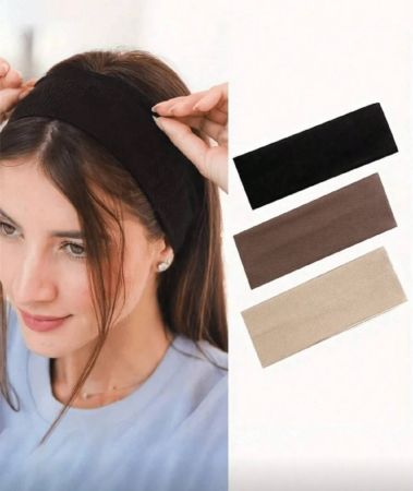 عصابات رأس مرنة ناعمة (3 قطع)- عصابات شعر بوهيمية للتمرين اليوغا، لتنظيف البشرة والمكياج، عصابات رأس مطاطية واسعة مانعة للانزلاق للنساء، للجيم وغسل الوجه، إكسسوارات شعر محبوكة بألوان سادة ضرورية