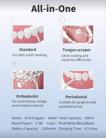 منظف أسنان كهربائي يعمل بالماء قابل للشحن، إرواء الفم بالماء ثلاثي الأوضاع، بلا سلك، رأس تنظيف أسنان 4 قطع، خزان مياه كبير 380 مل، مقاوم للماء IPX7، قابل للشحن، بطارية قوية، إلكتريك فلوسر محمول مناسب للعناية بصحة الفم في المنزل، خيارات هدايا متعددة الألوان