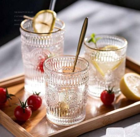 1 كوب شرب عتيق، أكواب قهوة من الزجاج الكريستالي الشفاف بتصميم عباد الشمس المنقوش اللطيف، مناسب للقهوة المثلجة والشاي والعصير واللاتيه والكوكتيلات ومجموعة أدوات زجاجية (حجم صغير)