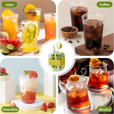 زجاجة مبتكرة حاصلة على براءة اختراع 2 في 1 لصنع مكعبات الثلج المحمولة مع غطاء وصندوق بدون لمس ولا انسكاب بضغطة واحدة سهلة الفك وكوب صانع الثلج مع ماصة - 16.9 أونصة