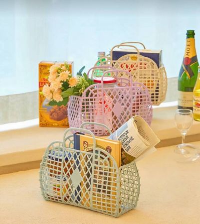 Joivida سلة غسيل شبكية مجوفة، حقيبة صيفية للنساء، سلة استحمام بلاستيكية، سلة تخزين للغسيل، منظم منزلي، حقيبة شاطئ جيلي