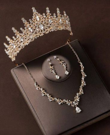 طقم إكسسوارات عروس الزفاف بتصميم تاج أسود وعقد وأقراط، 4 قطع، مجموعة مجوهرات أنيقة لحفل الزفاف للنساء