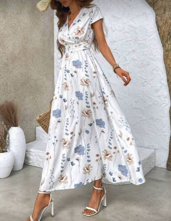 SHEIN Belle فستان صيفي ماكسي للنساء مع طبعات زهور وبخصر مجعد وياقة قُرابة الرقبة للاستخدام في العطلات