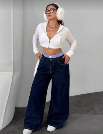 Dripcurv بنطلون جينز مستقيم الساق بتصميم رقعي باللون الأزرق للمرأة البدينة، بأسلوب كاجوال شارع مع لمسة أنيقة، مثالي لإطلالات رأس السنة الجديدة.