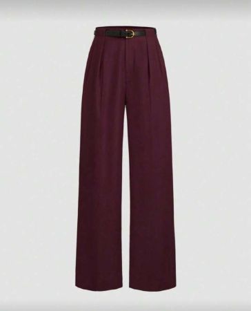 بنطلون ذو خصر متوسط، لون أحادي، أنيق، ذو ساق مستقيمة مع حزام